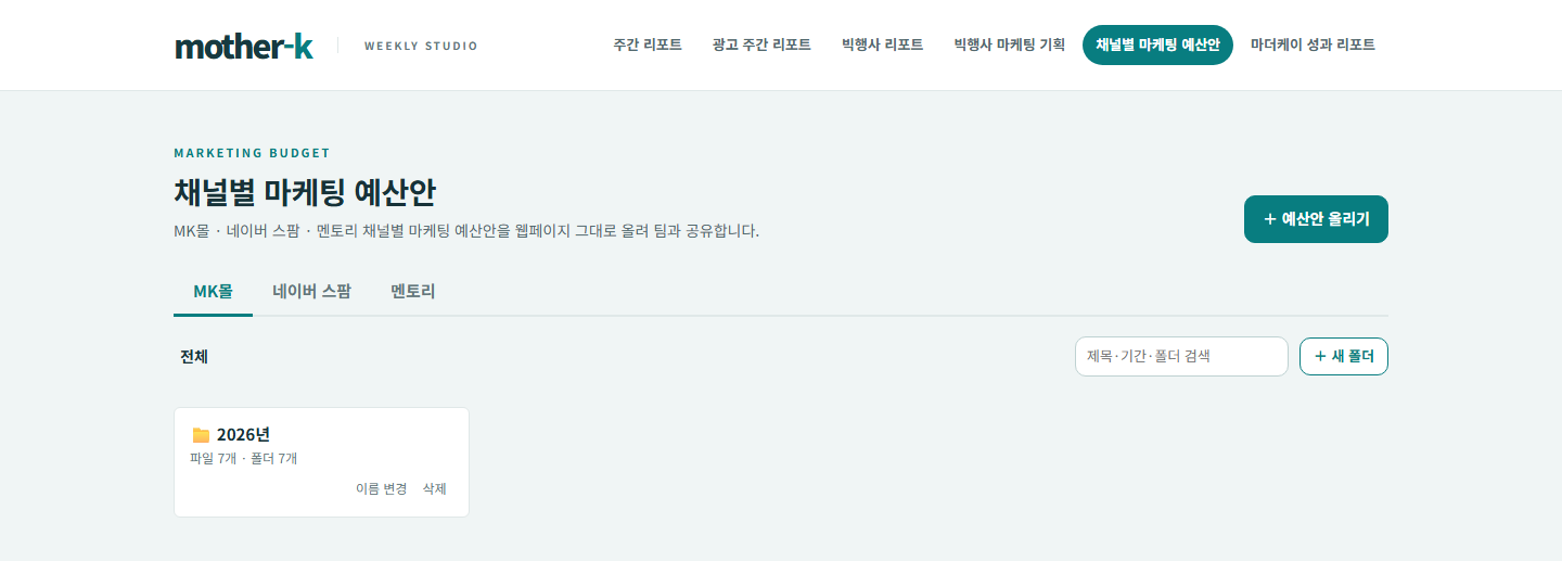 세 채널의 마케팅 예산을 함께 기획하고 공유하는 화면